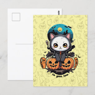 Boo to You Too Cute Cat Bat Wings & Pumpkin Postcard