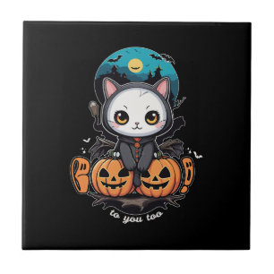 Boo to You Too   Cute Cat Bat Wings & Pumpkin Tile
