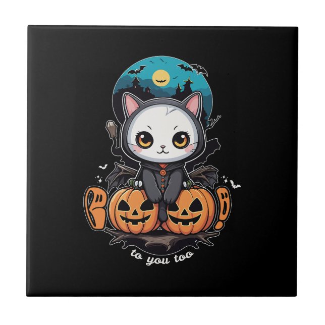 Boo to You Too | Cute Cat Bat Wings & Pumpkin Tile (Front)