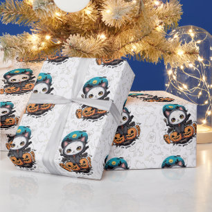Boo to You Too Cute Cat Bat Wings & Pumpkin Wrapping Paper