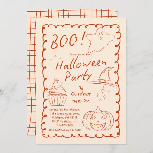 Boo! Trendy Hand Drawn Sketchy Halloween Party   Invitation (Front/Back)