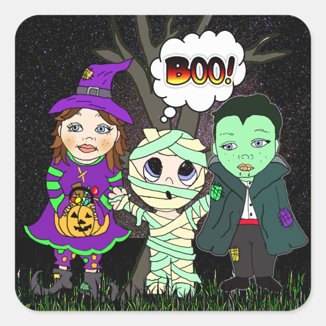 Boo! Vampire, Witch and Mummy Halloween Square Sticker (Front)