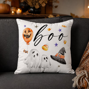 Boo Watercolor Ghosts and Witch Hat Halloween Cushion