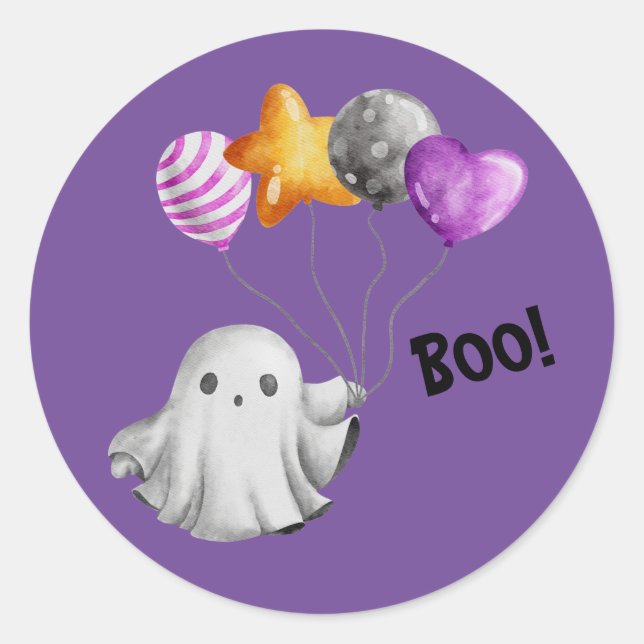 Boo!  Whimsical Ghost With Balloons Classic Round Sticker (Front)