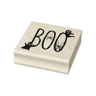 Boo Whimsical Spooky Ghost & Spider Halloween Rubber Stamp