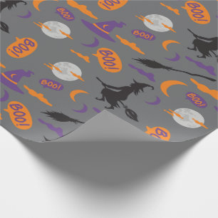 Boo! Witch, Broom, and Moon Halloween Gift Wrap