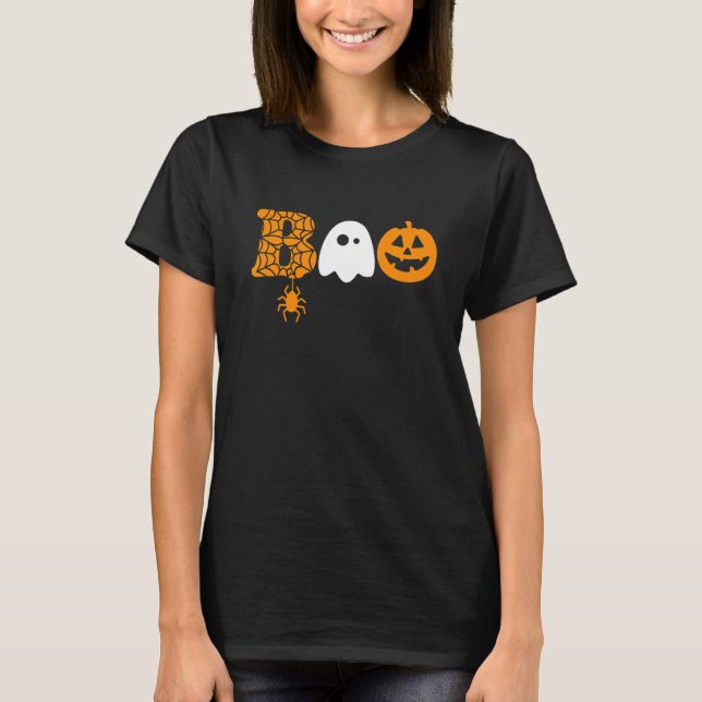 Boo With Spiders And Cute Ghost Pumpkin Halloween  T-Shirt (Front)