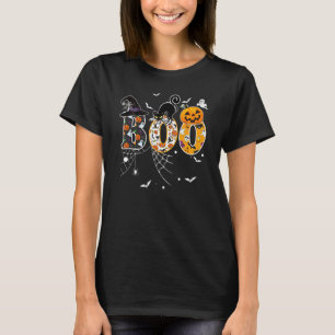 Boo With Spiders And Witch Hat Black Cat Pumpkin H T-Shirt