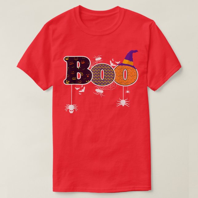 Boo With Spiders And Witch Hat Boys Kids Halloween T-Shirt (Design Front)