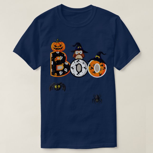 Boo With Spiders And Witch Hat Halloween Pumpkin K T-Shirt (Design Front)