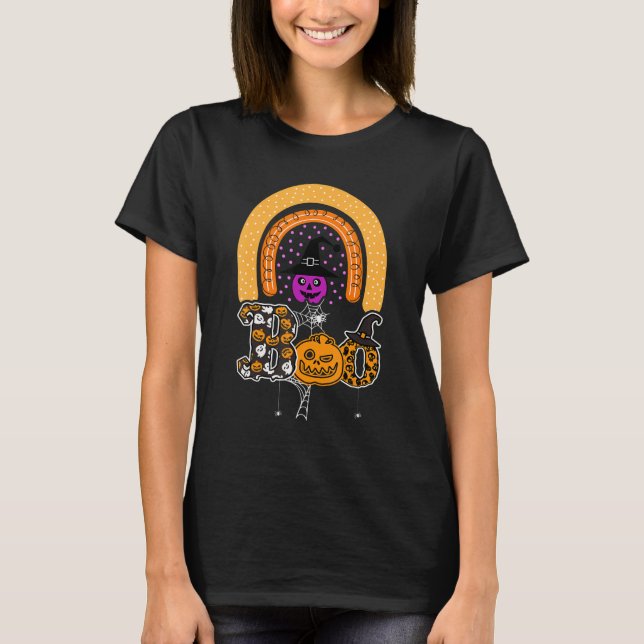 Boo With Spiders And Witch Hat Halloween Rainbow 2 T-Shirt (Front)