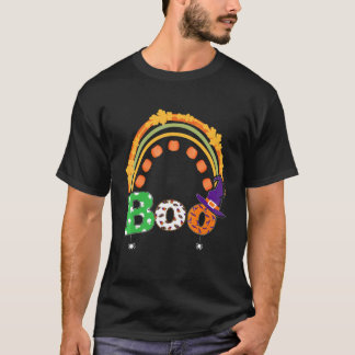 Boo With Spiders And Witch Hat Halloween Rainbow   T-Shirt