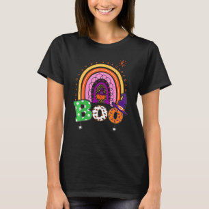 Boo With Spiders And Witch Hat Halloween Rainbow   T-Shirt