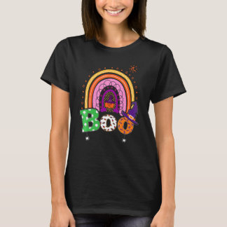 Boo With Spiders And Witch Hat Halloween Rainbow   T-Shirt