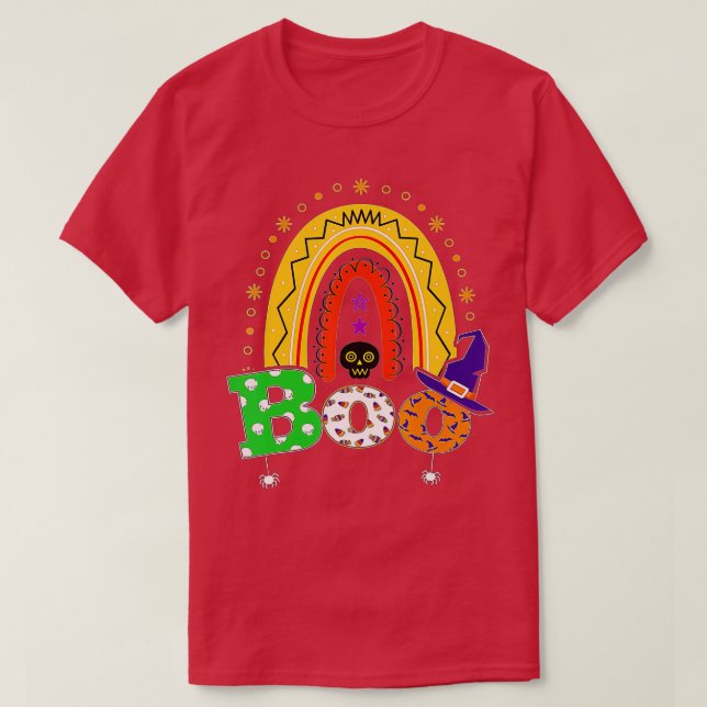 Boo With Spiders And Witch Hat Halloween Rainbow,  T-Shirt (Design Front)