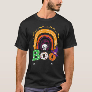 Boo With Spiders And Witch Hat Halloween Rainbow   T-Shirt