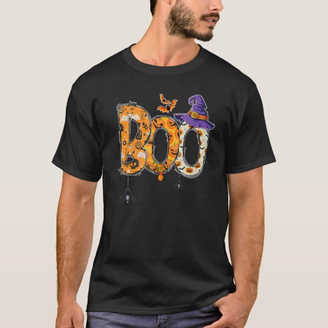 Boo With Spiders Witch Hat Halloween Costume Party T-Shirt (Front)
