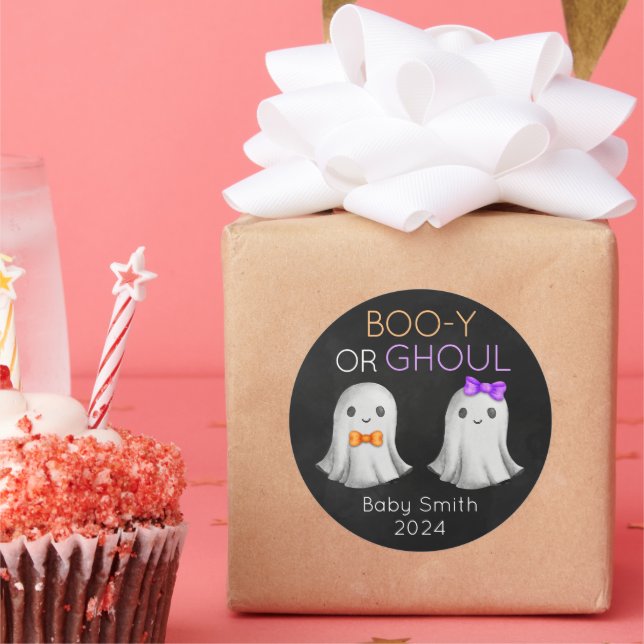 Boo-y or Ghoul Halloween gender reveal Classic Round Sticker (Party)