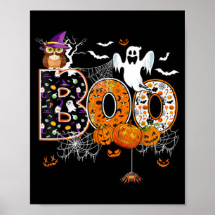 Boo y Owl Pumpkin Ghost Halloween Men Women Kids Poster
