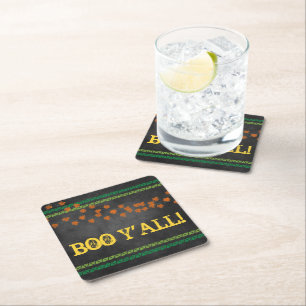 BOO Y'ALL Chalkboard Fall leaves South Halloween Square Paper Coaster