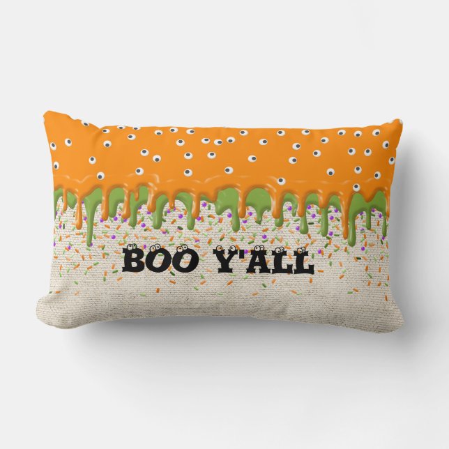 Boo Y'all Eyeballs Sprinkles Linen Halloween Fun Lumbar Cushion (Front)