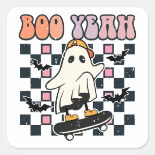 Boo Yeah - Retro Cute Ghost Skateboard  Square Sticker