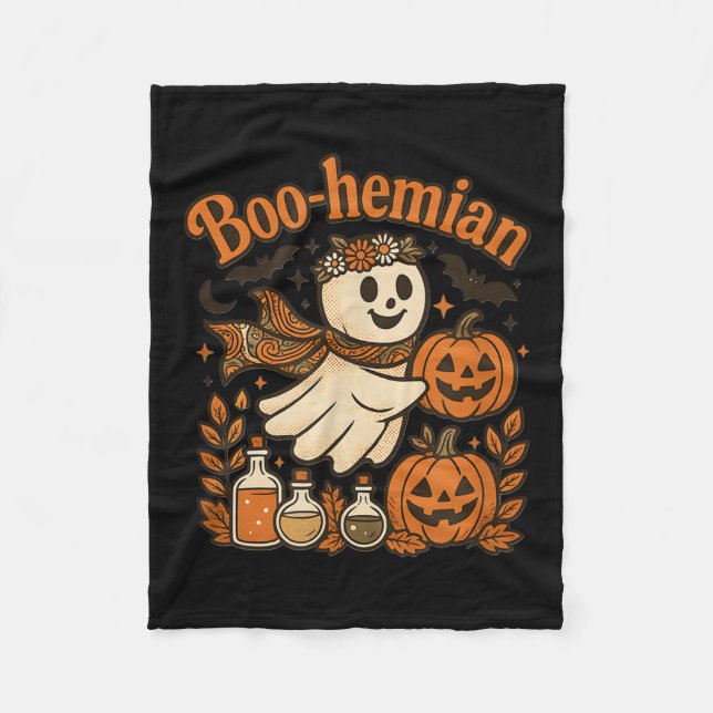 Boohemian Funny Retro Ghost Pumpkin Halloween Cost Fleece Blanket (Front)