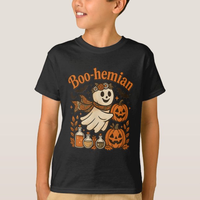 Boohemian Funny Retro Ghost Pumpkin Halloween Cost T-Shirt (Front)