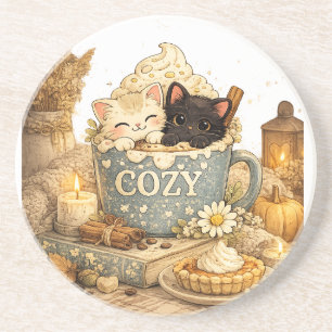 book, a mug, Teacup cats, Warm vibes, Cute pink s Coaster