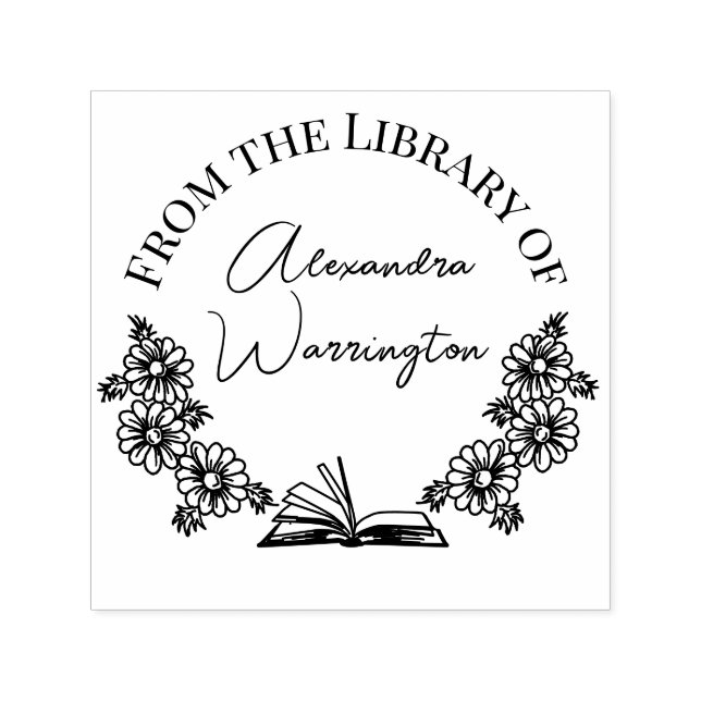 Book and Botanical Daisies #1 Library Script Name Self-inking Stamp (Design)