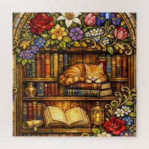 Book and Sleeping Cat Lovers Faux Stain Glass Jigsaw Puzzle