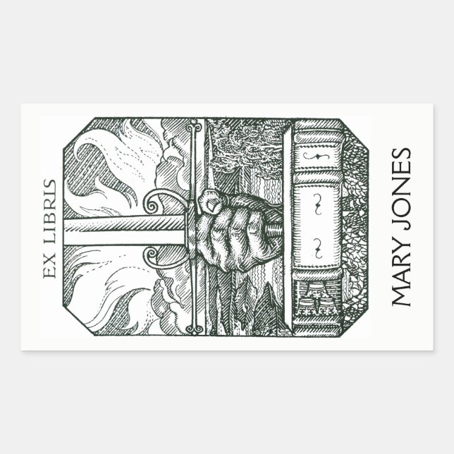 Book And sword Bookplate Rectangular Sticker (Front)