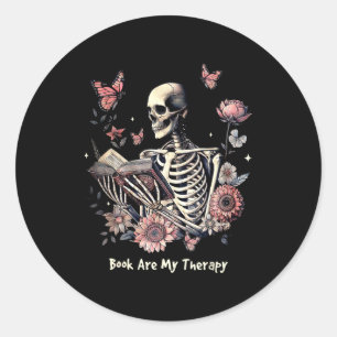 Book Are My Therapy Skeleton Book Reading Floral B Classic Round Sticker