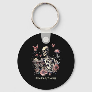 Book Are My Therapy Skeleton Book Reading Floral B Key Ring