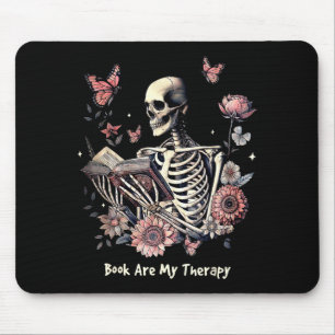 Book Are My Therapy Skeleton Book Reading Floral B Mouse Mat