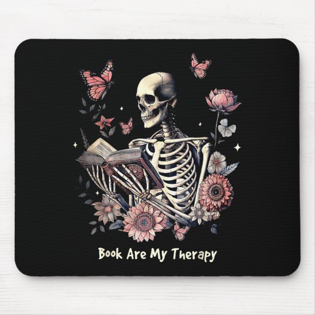Book Are My Therapy Skeleton Book Reading Floral B Mouse Mat (Front)