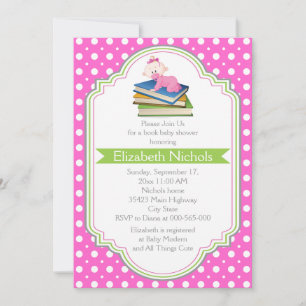 Book baby girl shower pink white polka dot pattern invitation
