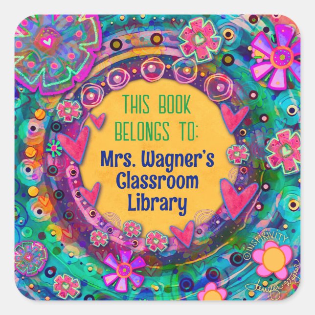 Book Belongs To Floral Custom Floral Teacher  Squa Square Sticker (Front)