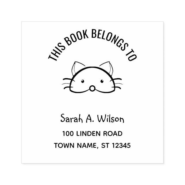 Book Belongs to Name Address Bookplate Funny Cat Rubber Stamp (Imprint)