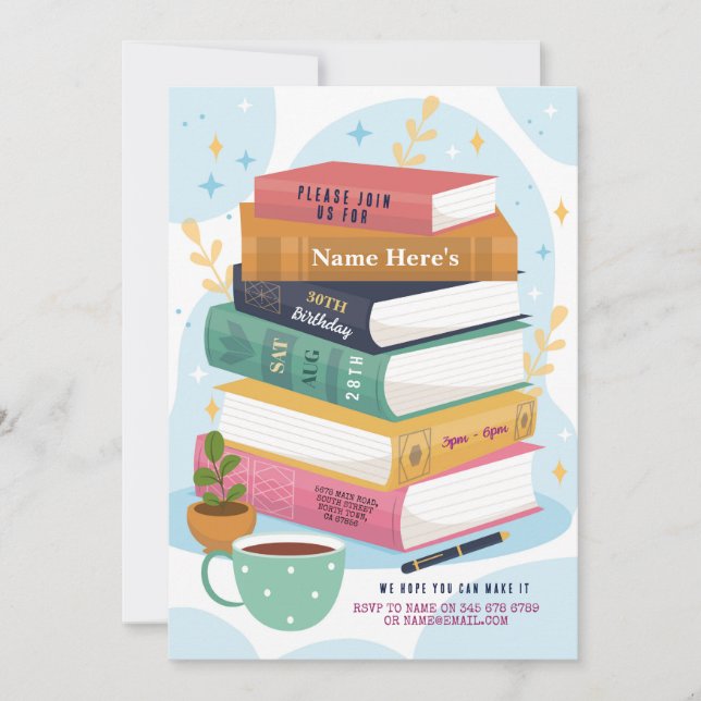 Book Birthday Library Invite Reading Pink Books (Front)