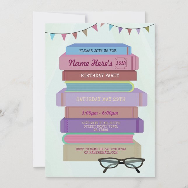 Book Birthday Library Invite Reading Pink Books (Front)