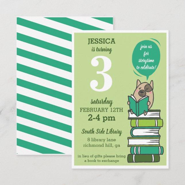 Book Birthday Party Library Green Invitation (Front/Back)