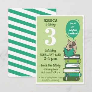 Book Birthday Party Library Green Invitation