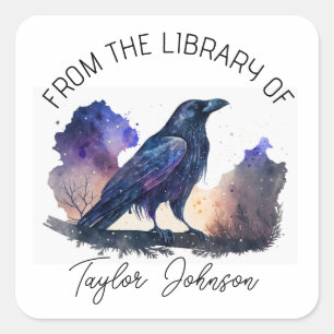 Book bookplate star celestial night sky crow bird square sticker