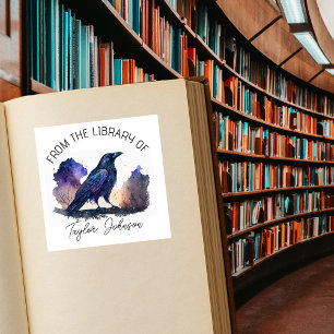 Book bookplate star celestial night sky crow bird square sticker