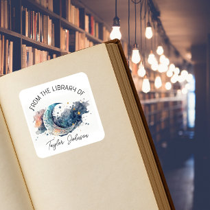 Book bookplate starry celestial night sky moon square sticker