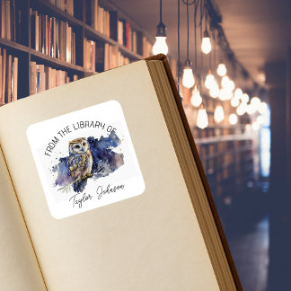 Book bookplate starry celestial night sky owl square sticker