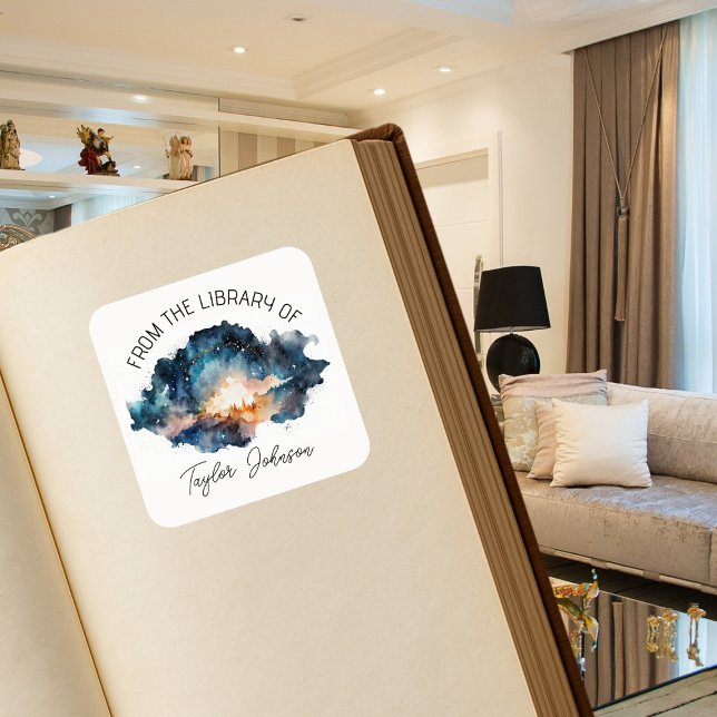 Book bookplate starry celestial night sky wood square sticker (Creator Uploaded)