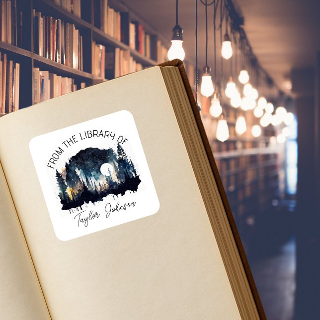 Book bookplate starry celestial night sky wood square sticker (Creator Uploaded)