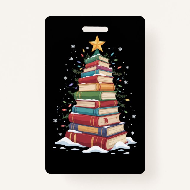 Book Christmas Tree Book Lover Teacher Librarian  ID Badge (Front)